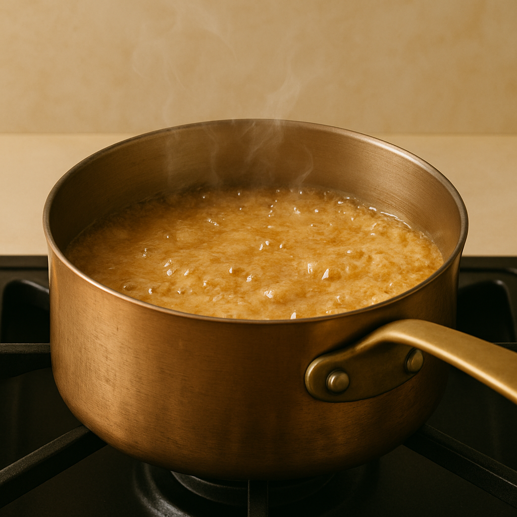 Thick fudge mixture simmering in a stainless pot