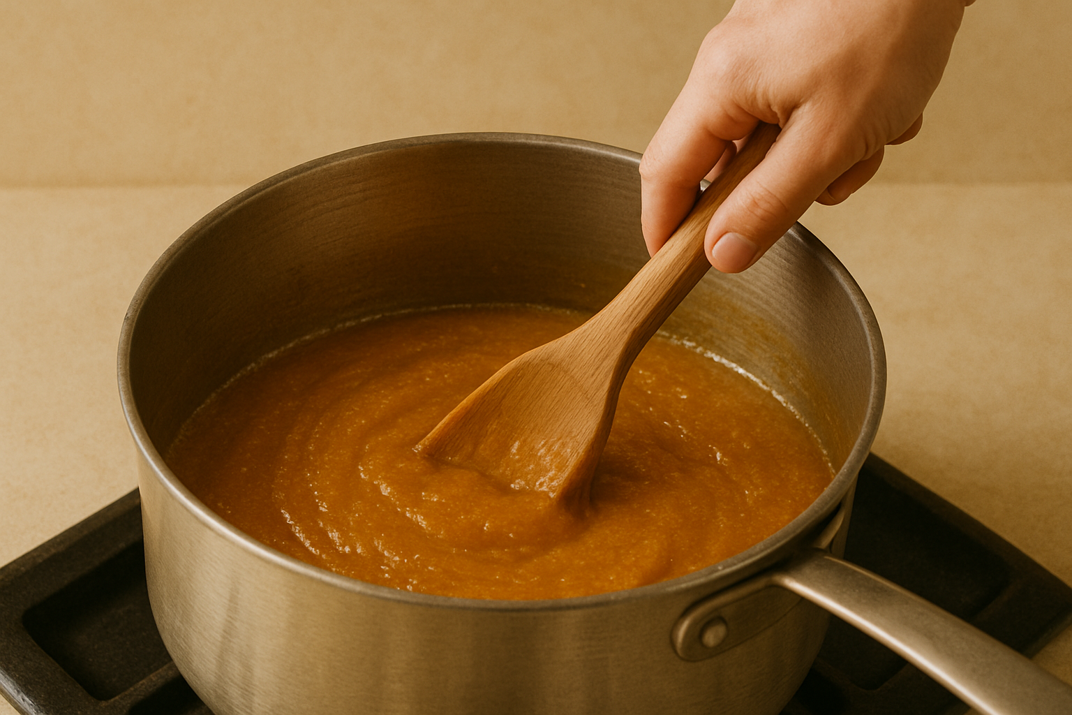 Hand stirring the fudge mixture with a wooden spatula
