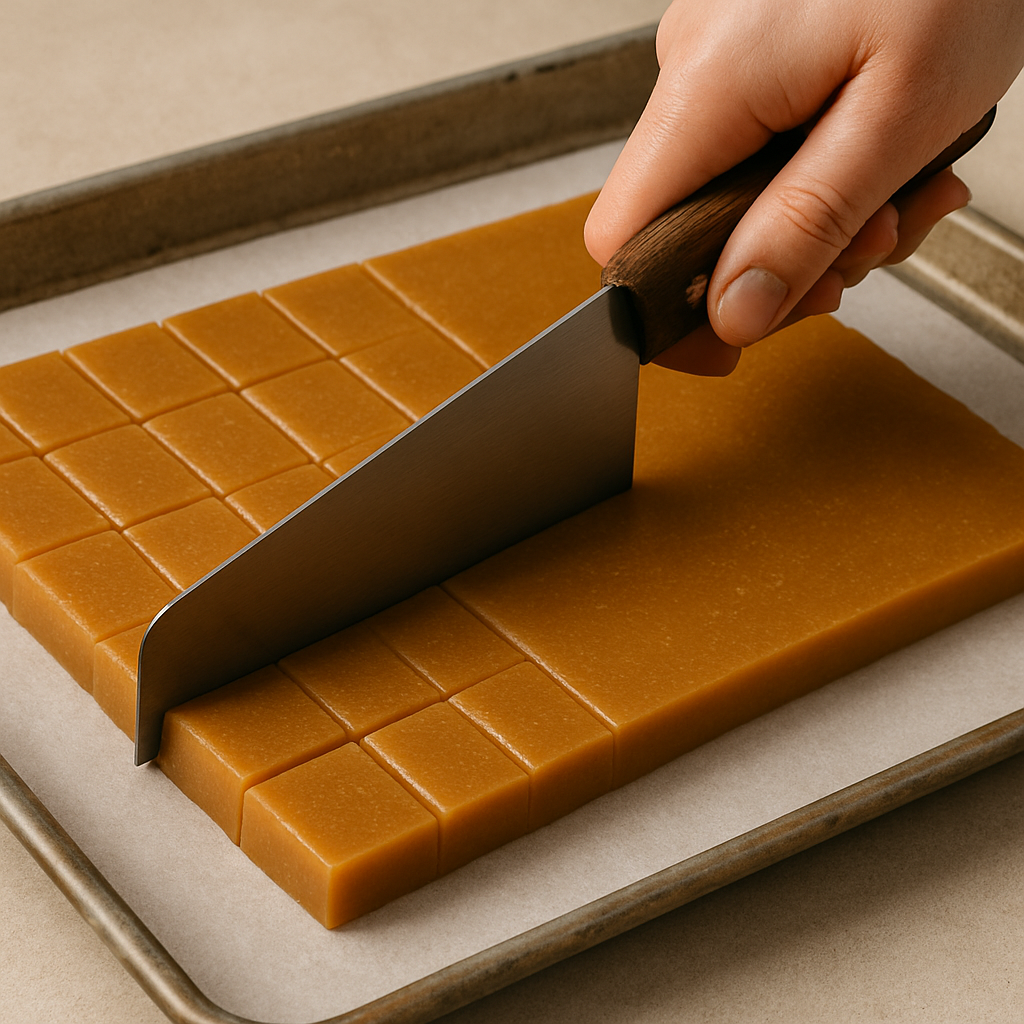 Hand cutting the slab into neat squares with a long knife
