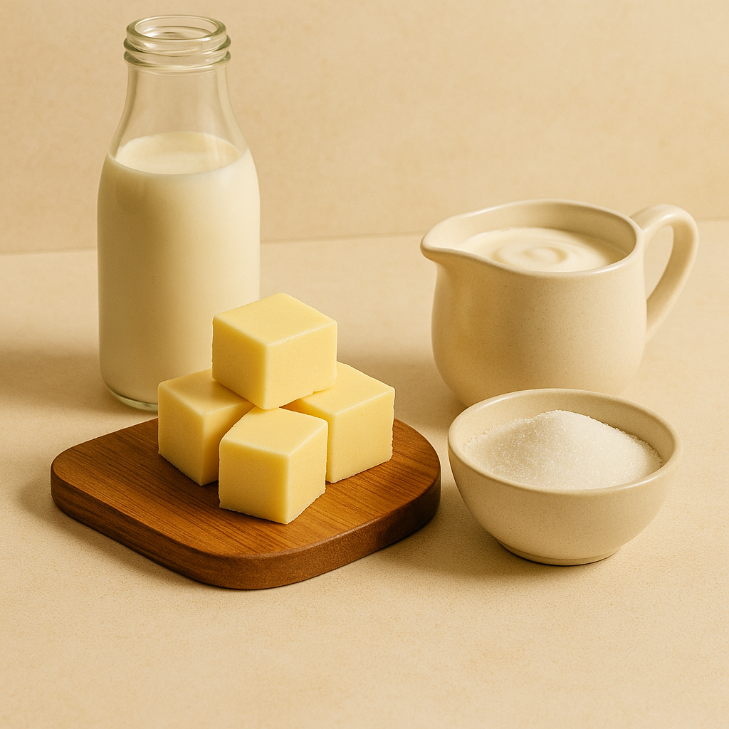 Milk, butter, cream and sugar prepared for cooking