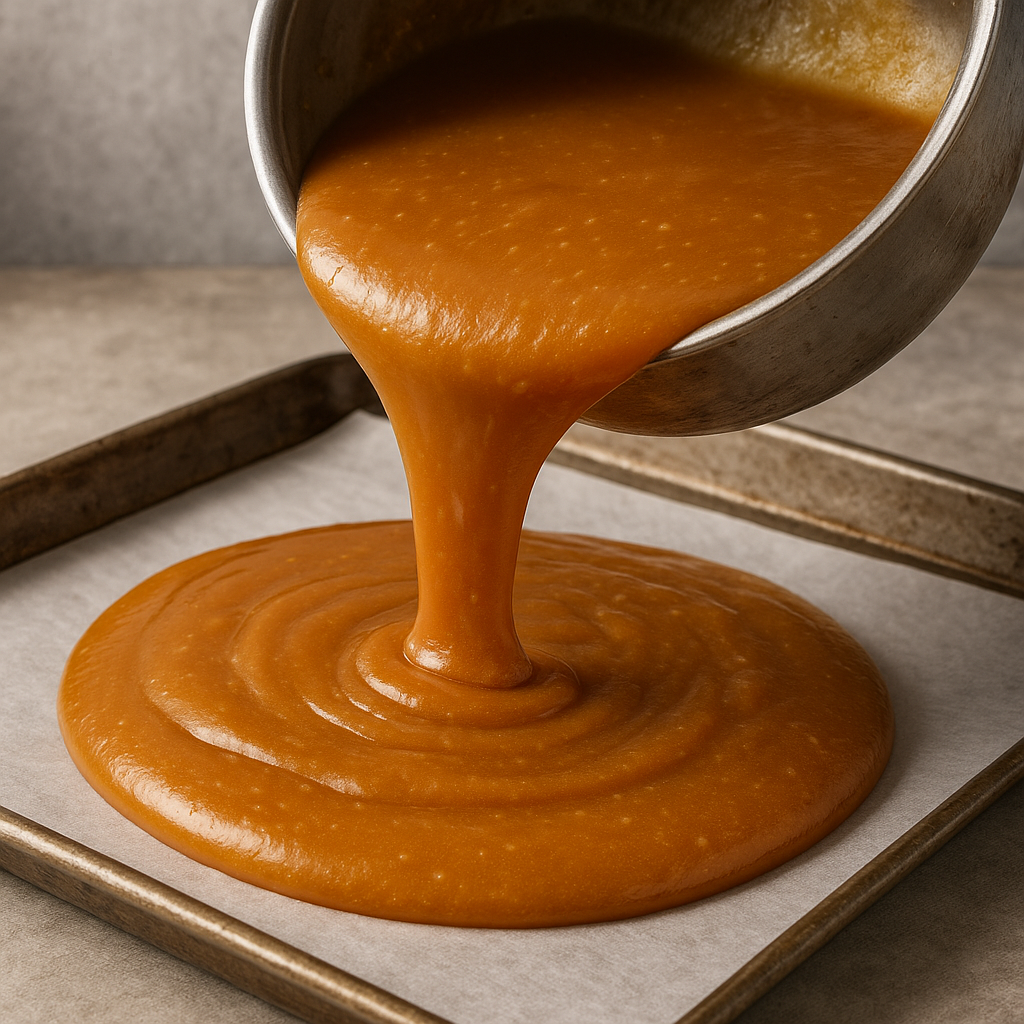 Molten fudge being poured onto a parchment-lined tray
